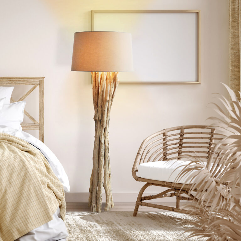 Mockup frame in farmhouse style bedroom interior background, 3d render