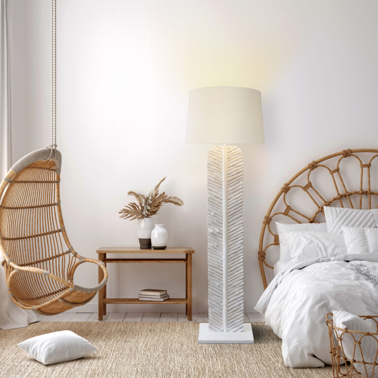 Coastal boho style bedroom interior, wall mockup, 3d render