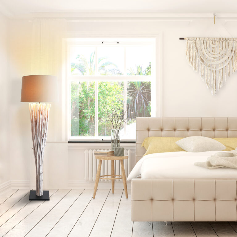 Stylish bedroom in white color with summer landscape in window. Scandinavian interior design. 3D illustration