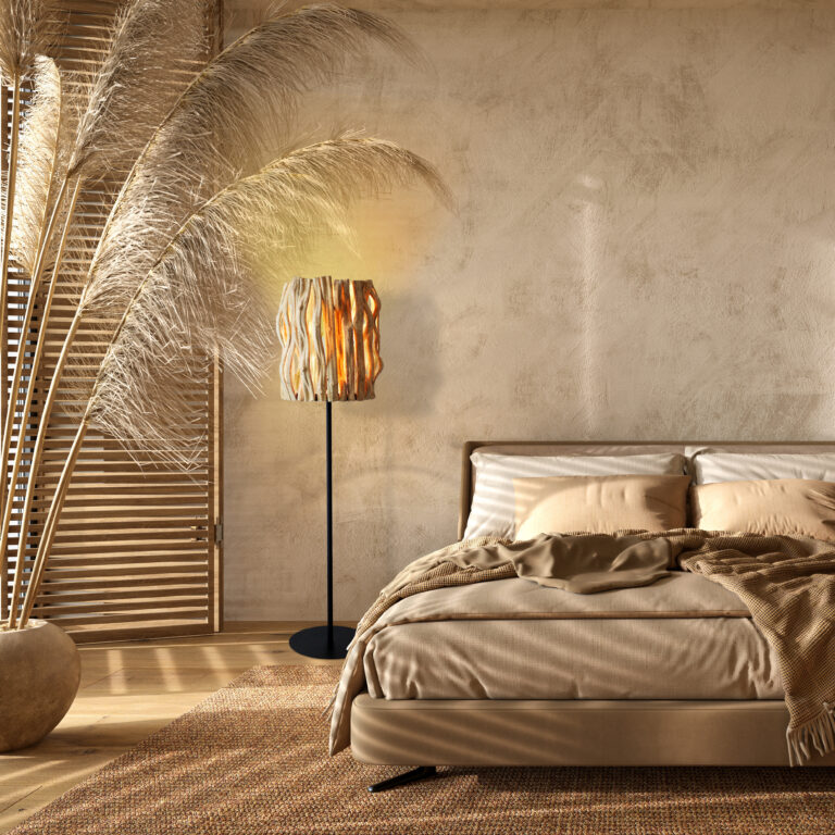 368848: Boho scandinavian style in farmhouse interior. Beige bedroom with natural wooden furniture, shutters and dry plants. 3d rendering illustration.
